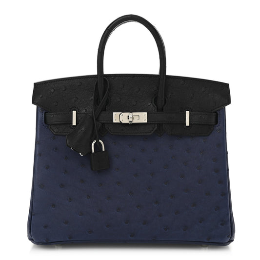 Hermes Ostrich Bi Color Birkin Bleu Iris Handbag Black Travel Bag