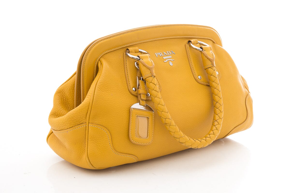 Prada Daino Handbag Leather Vitello Yellow Travel Bag