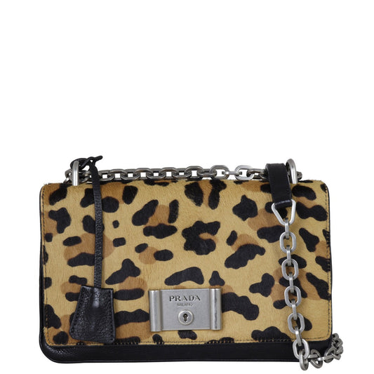 Prada Leopard Print Pony Hair Bag Chain Flap Travel Bag