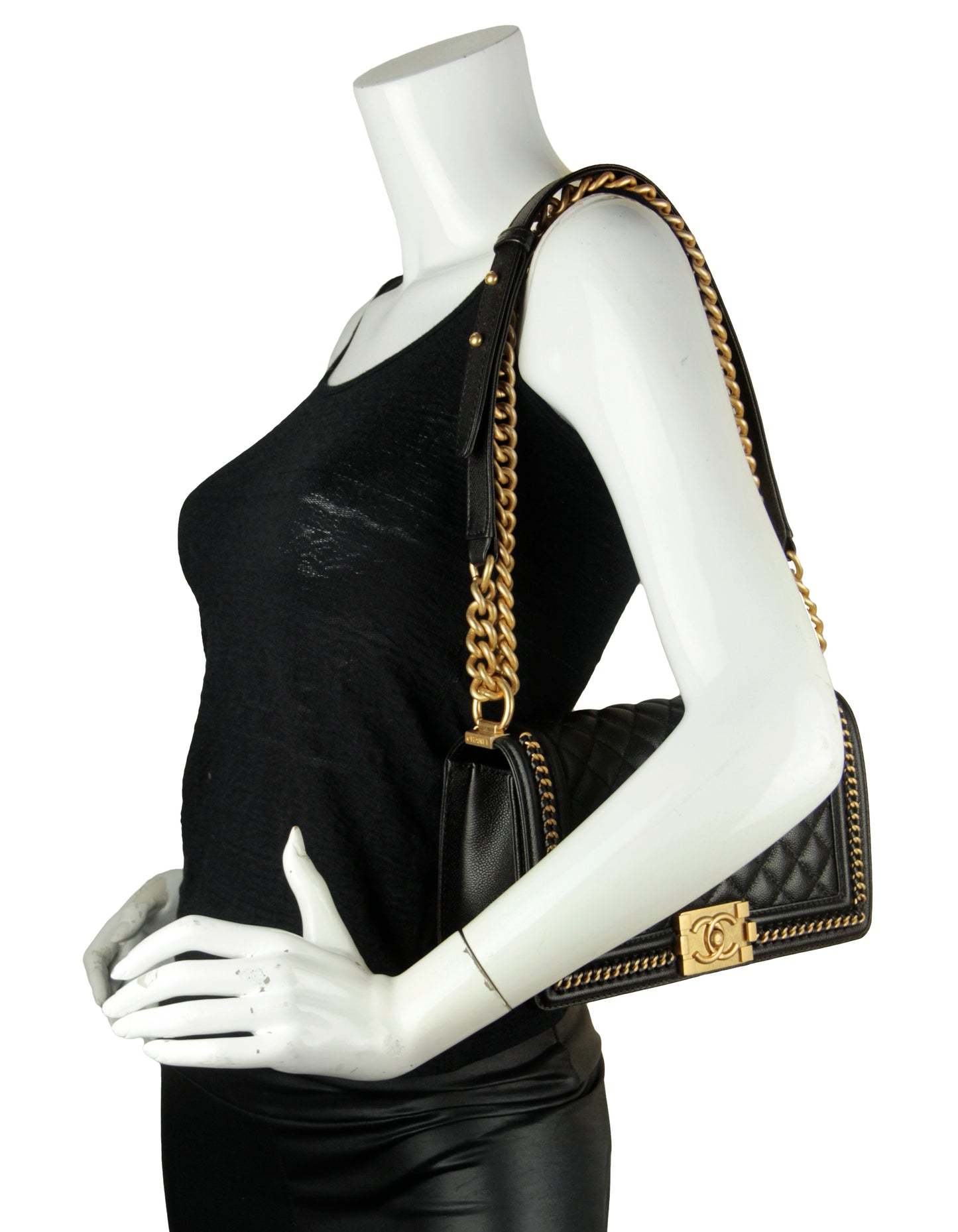 Chanel Black Caviar Quilted Medium Chain Through Boy Flap Bag