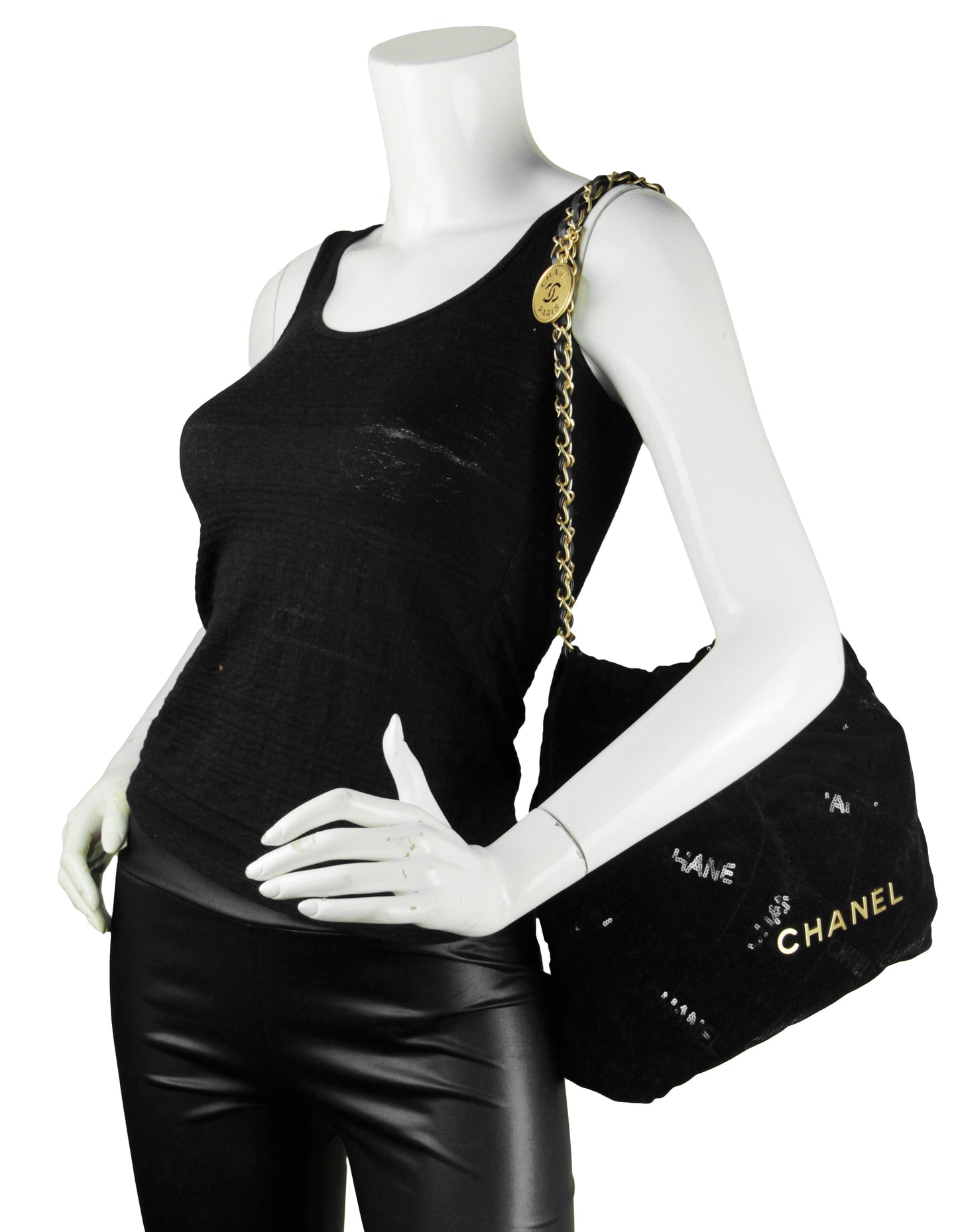 Chanel Black Velvet Sequins 22 Tote Bag