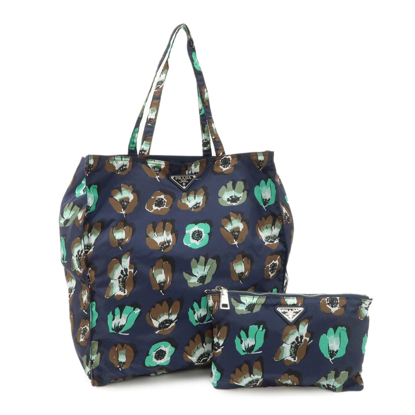 Tote Bag Triangle w Pouch Flower Print d Nylon Navy Logo