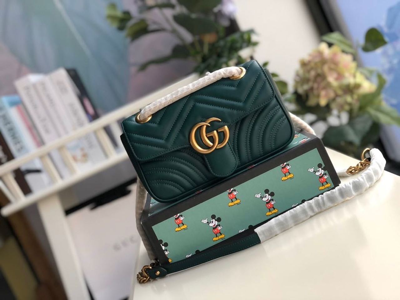 gg Marmont MatelassÃ© Chevron Green Mini Bag