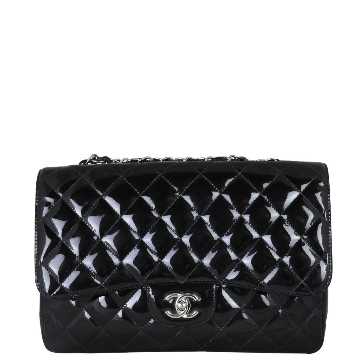 Chanel Classic Single Jumbo Patent Patent Handbag Quilted Black