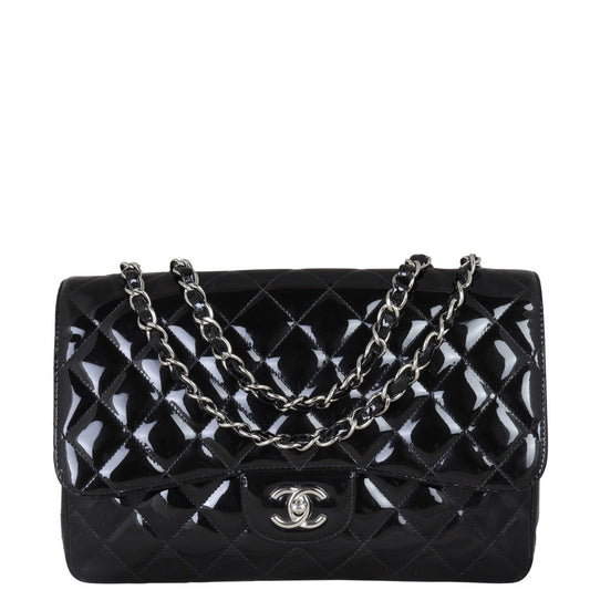 Chanel Classic Single Jumbo Patent Patent Handbag Quilted Black