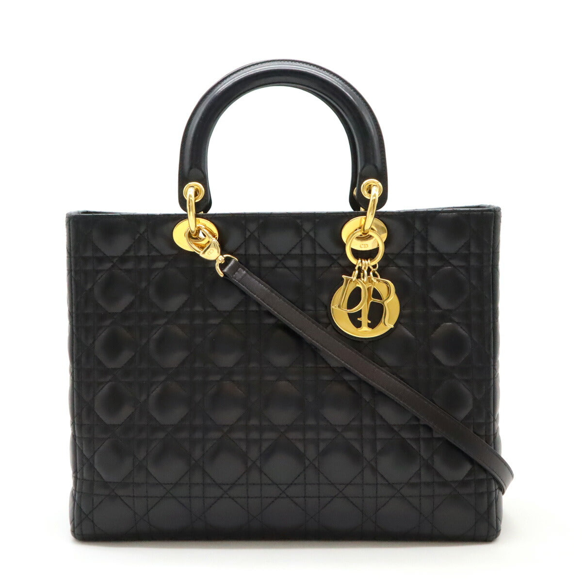 Dior Christian Lady 2Way Handbag Hardware Leather Black Gold Travel Bag