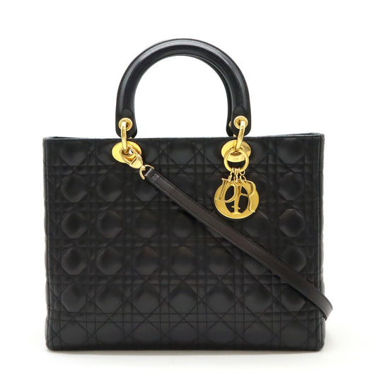 Dior Christian Lady 2Way Handbag Hardware Leather Black Gold Travel Bag