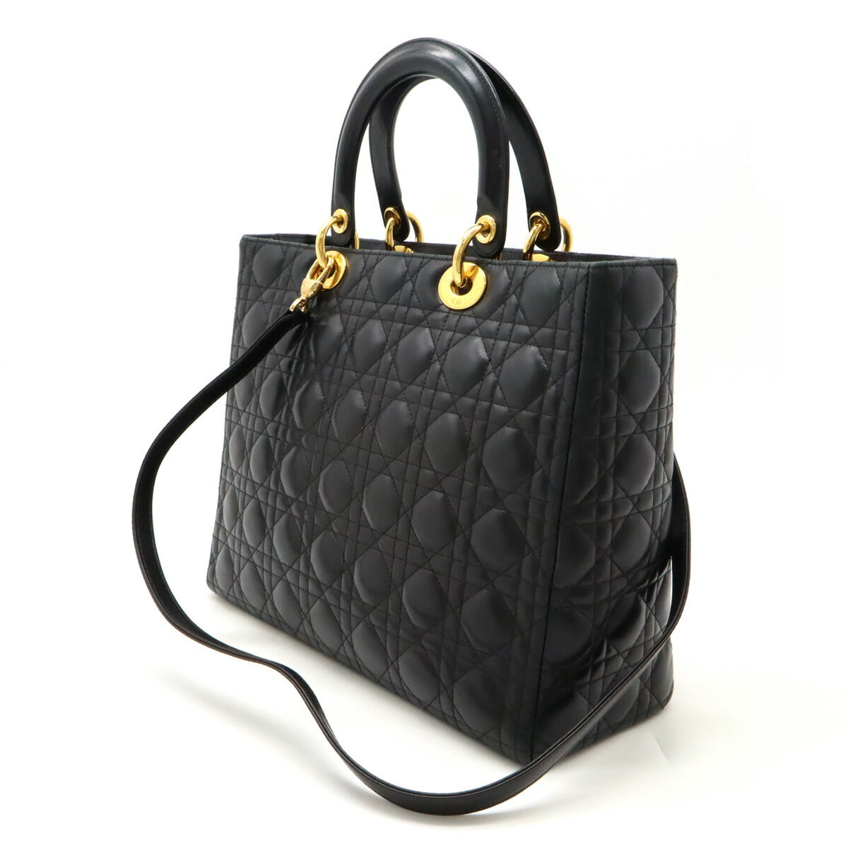 Dior Christian Lady 2Way Handbag Hardware Leather Black Gold Travel Bag
