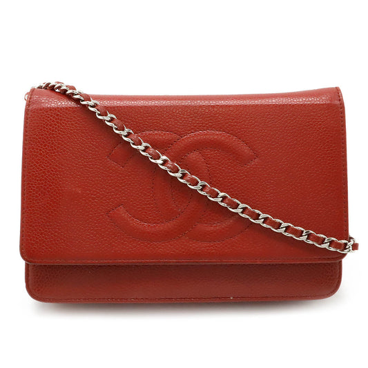 Coco Mark Caviar Chain Wallet Shoulder Bag Red