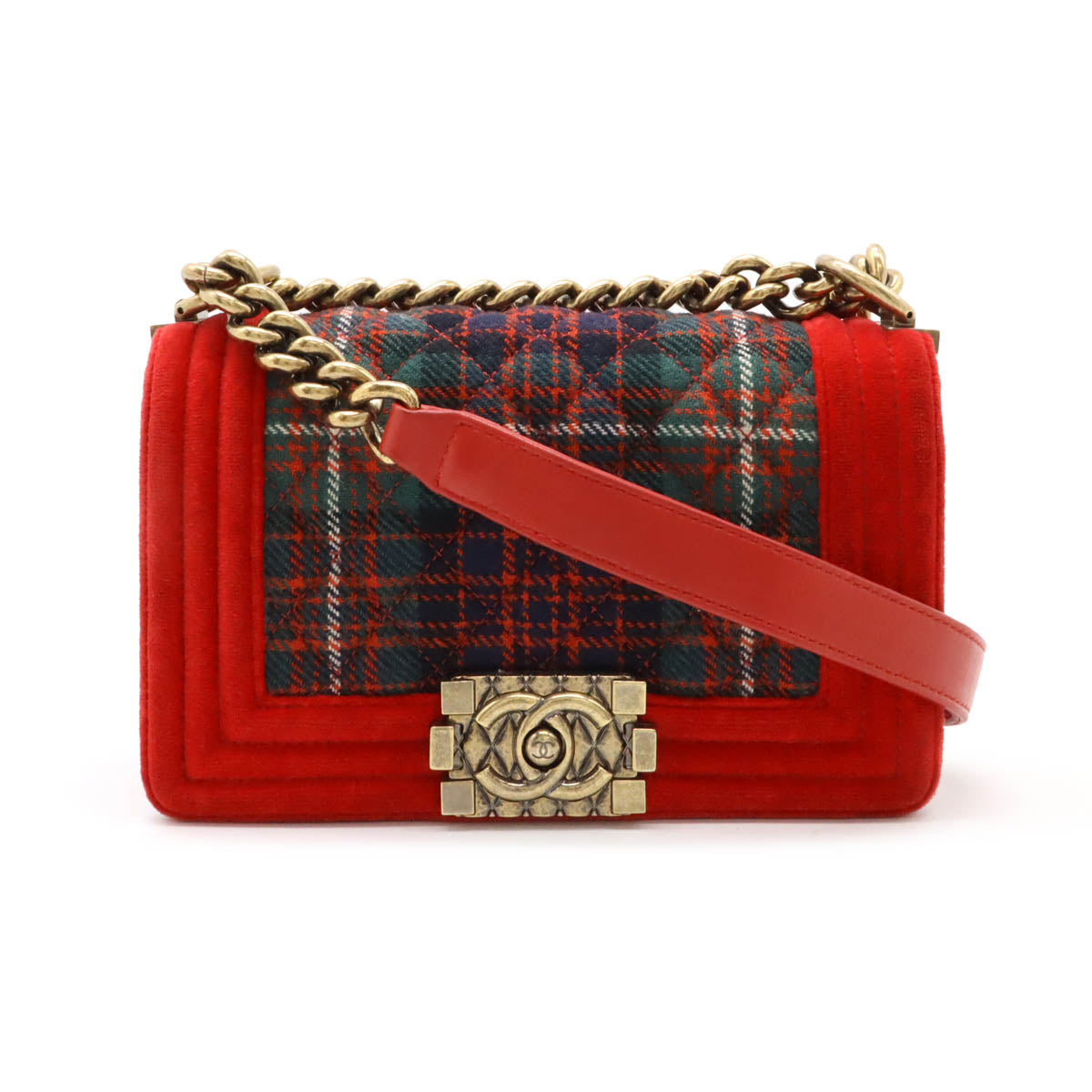 Chanel Velour Matelasse Boy Check Chain Shoulder Bag Red Green