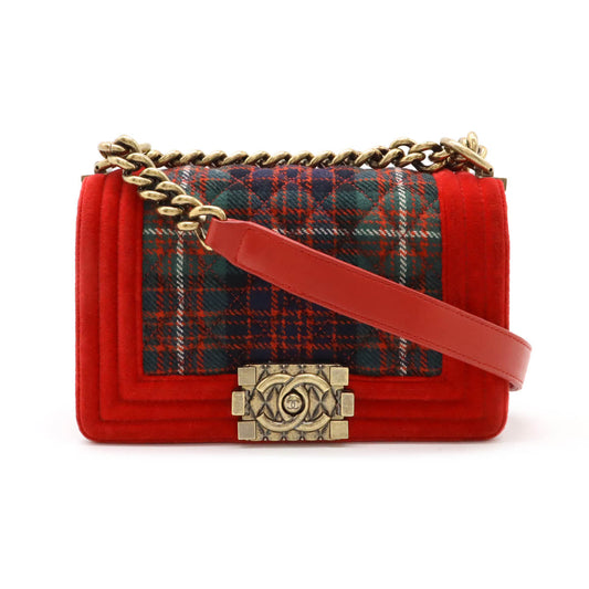 Chanel Velour Matelasse Boy Check Chain Shoulder Bag Red Green