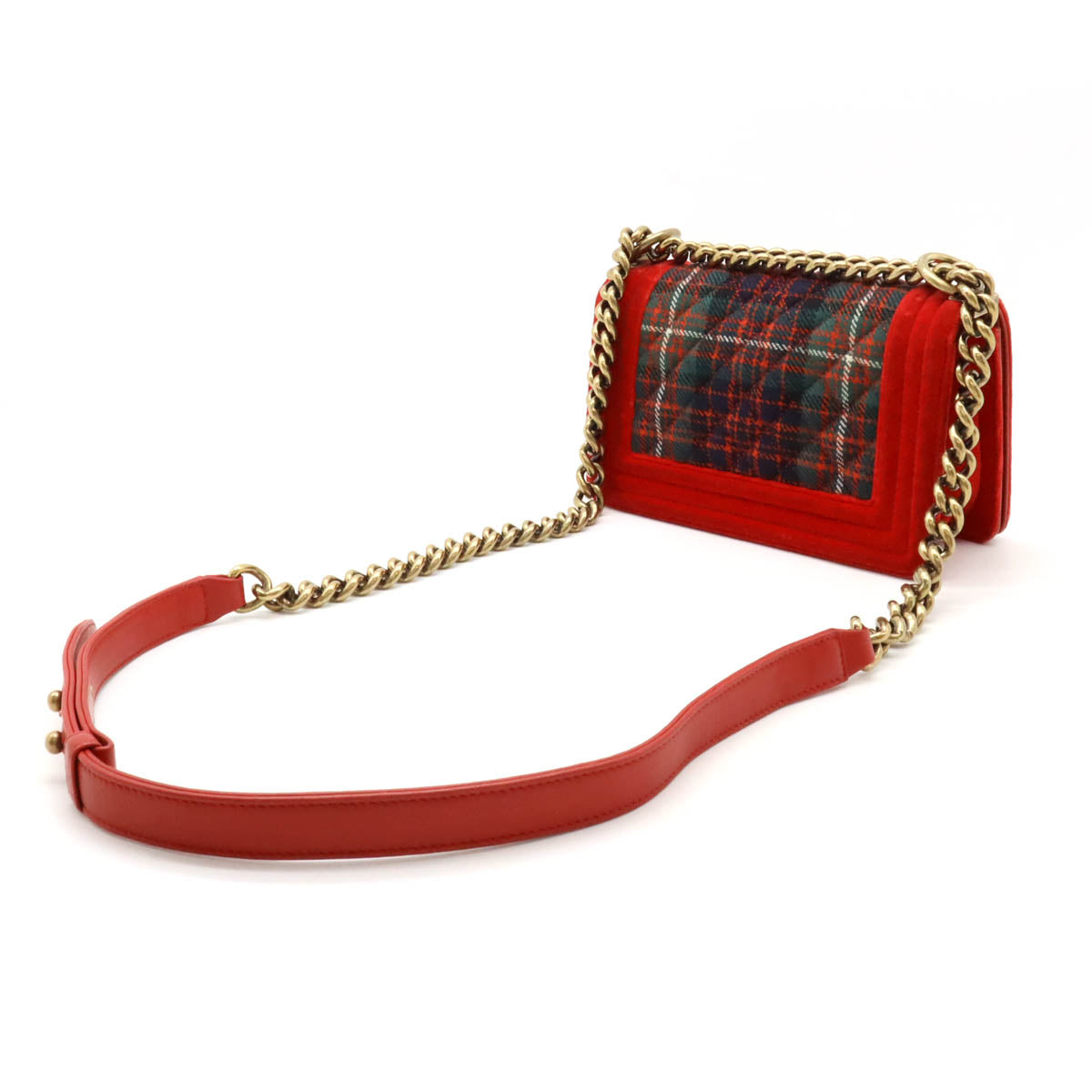 Chanel Velour Matelasse Boy Check Chain Shoulder Bag Red Green