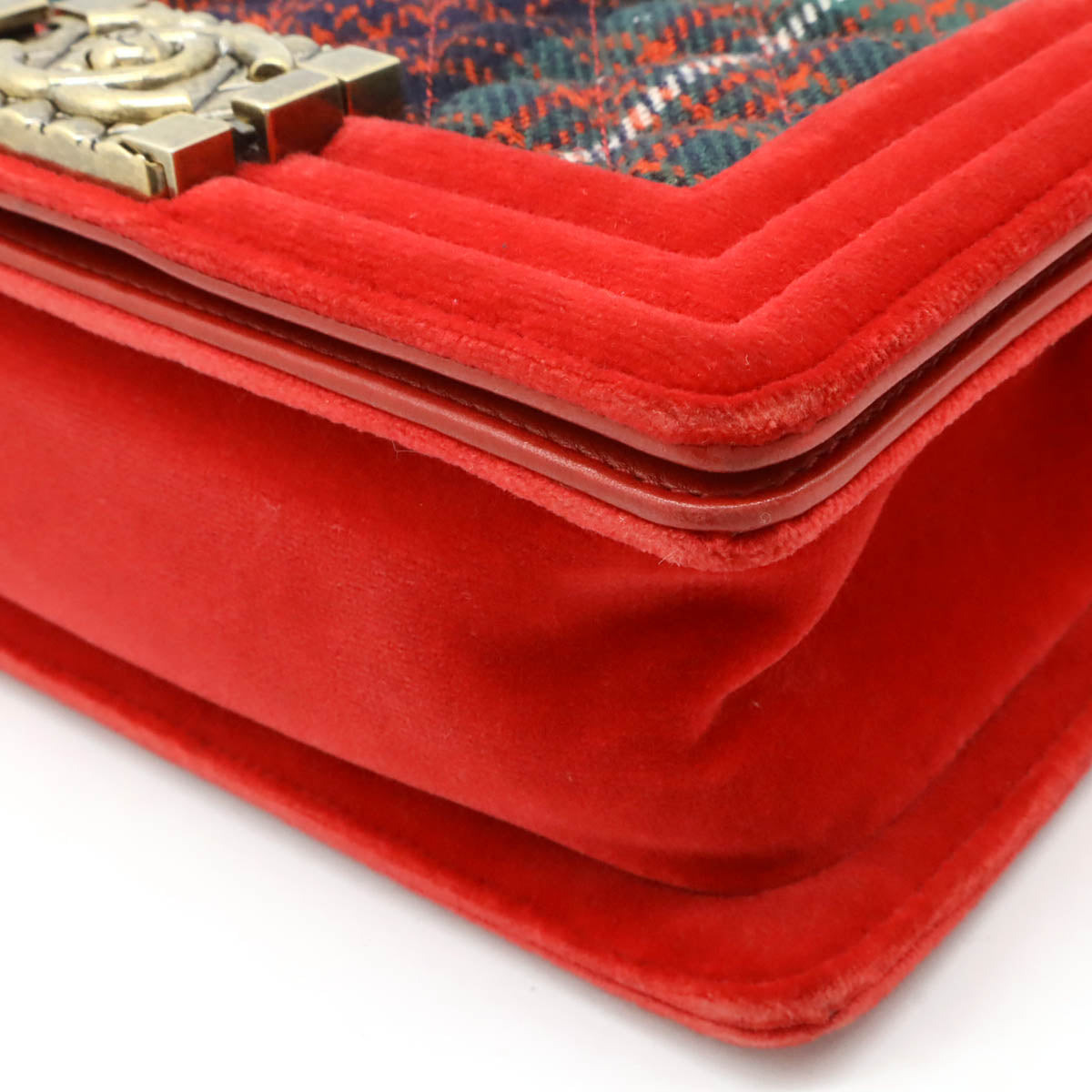 Chanel Velour Matelasse Boy Check Chain Shoulder Bag Red Green