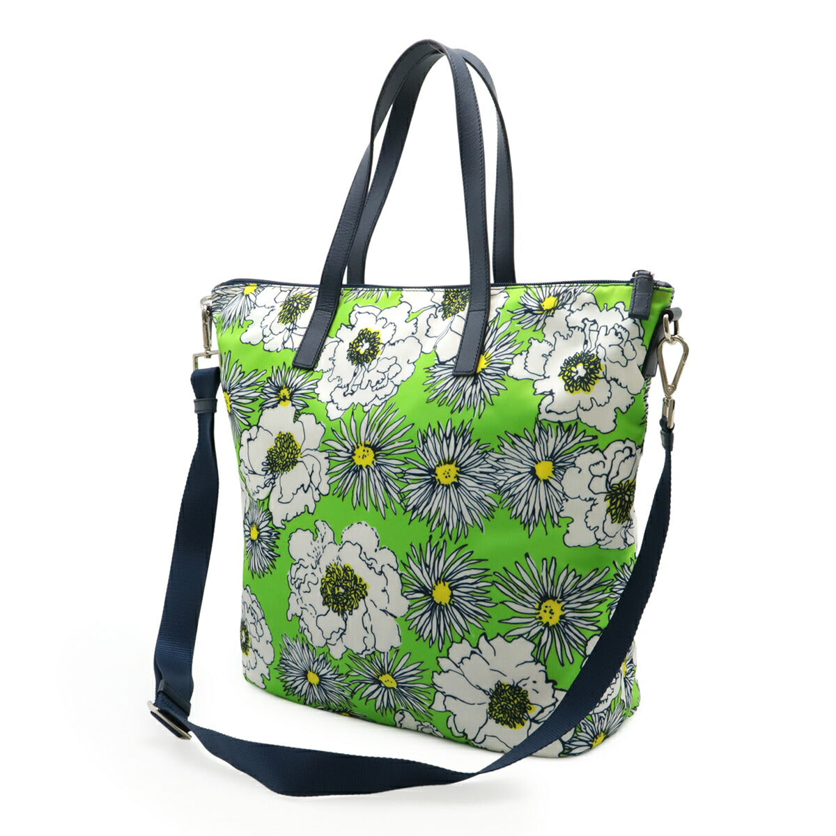 Prada 2Way Flower Print Tote Shoulder Bag Leather Nylon