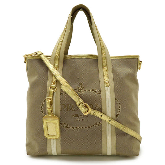 Prada Metallic 2Way Tote Bag Leather Canvas