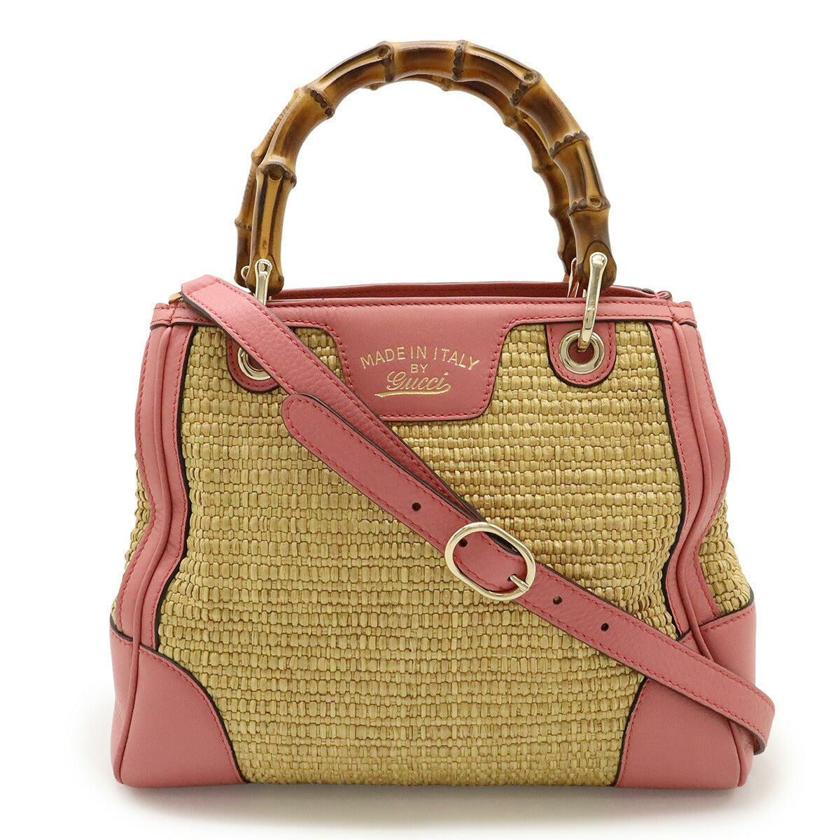 Gucci Bamboo Shopper Straw 2Way Handbag Leather Small Travel Bag