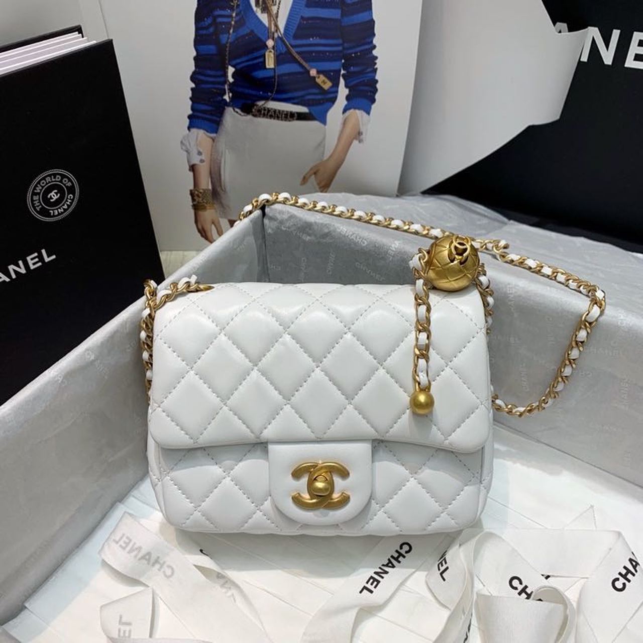 CHLMini CHLBall On Strap , White Flap Crossbody Bag