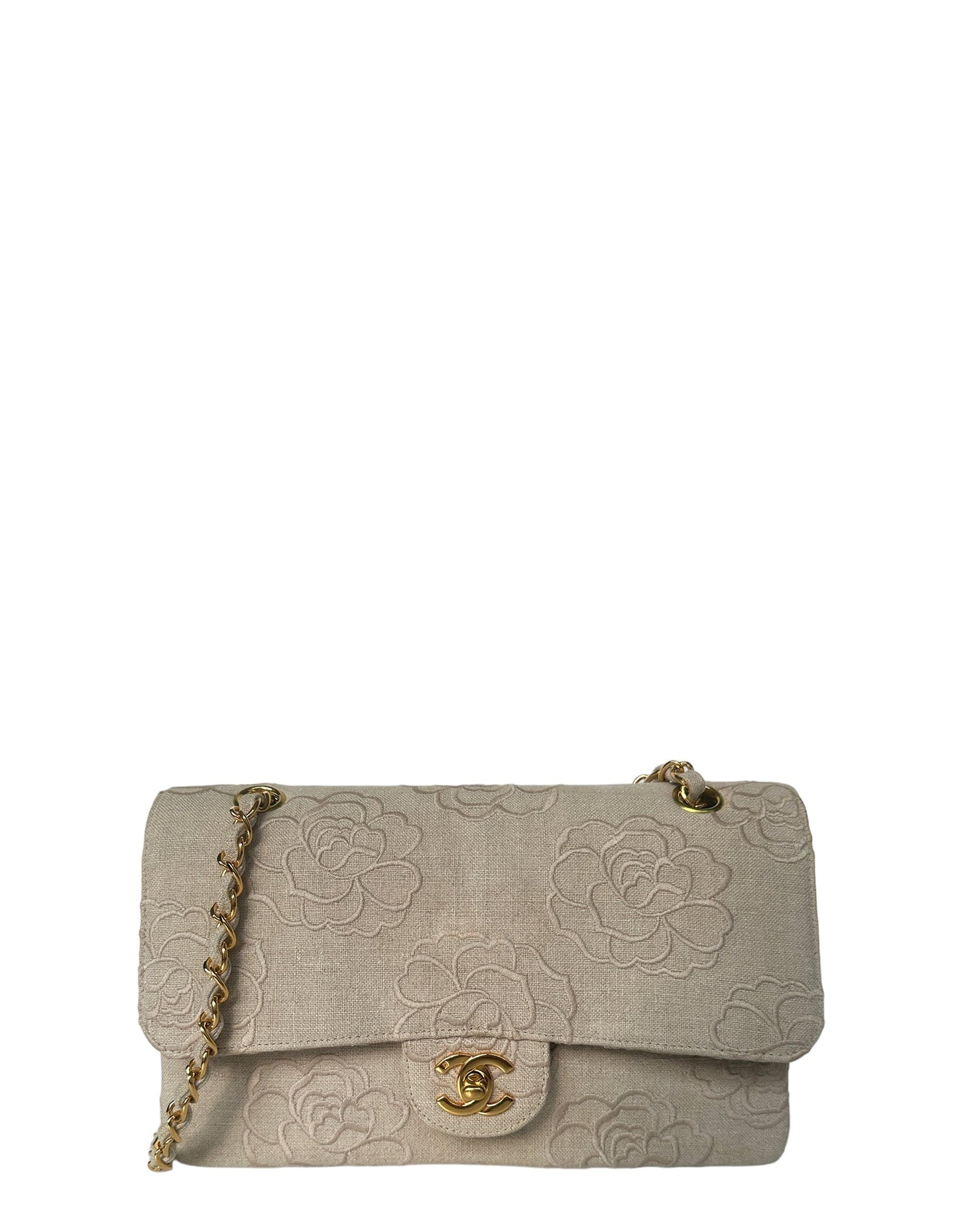Chanel Ivory Canvas Camellia Embroidered Double Flap Classic Bag
