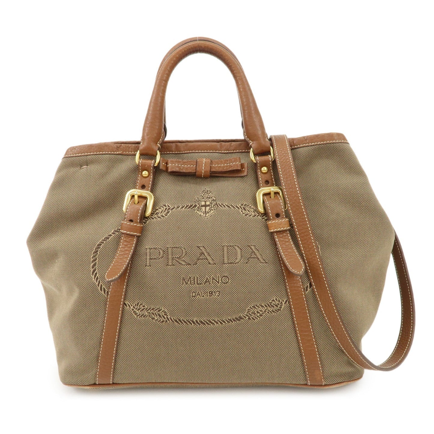 Tote Bag Jacquard Ribbon d Leather Brown Beige