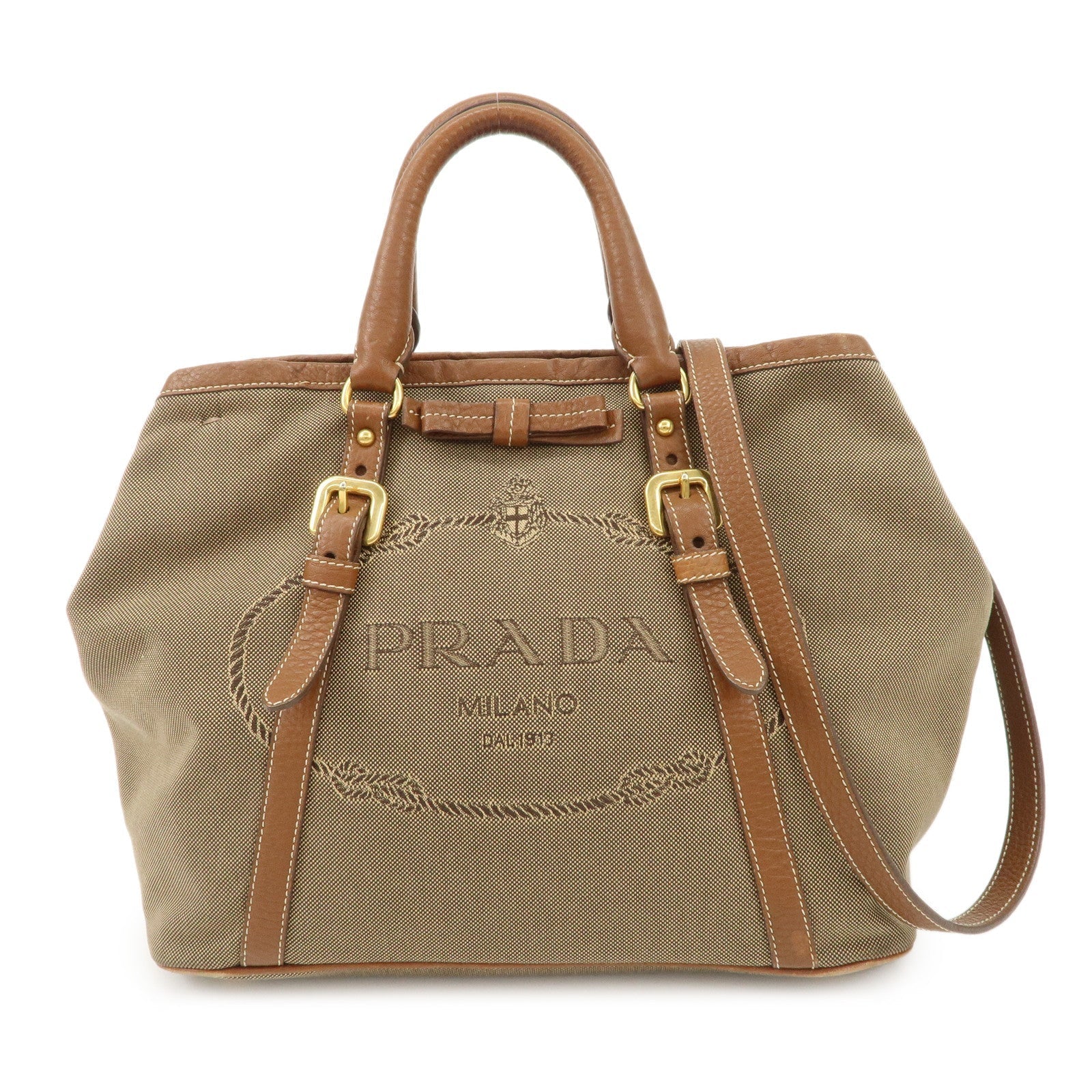 Tote Bag Jacquard Ribbon d Leather Brown Beige