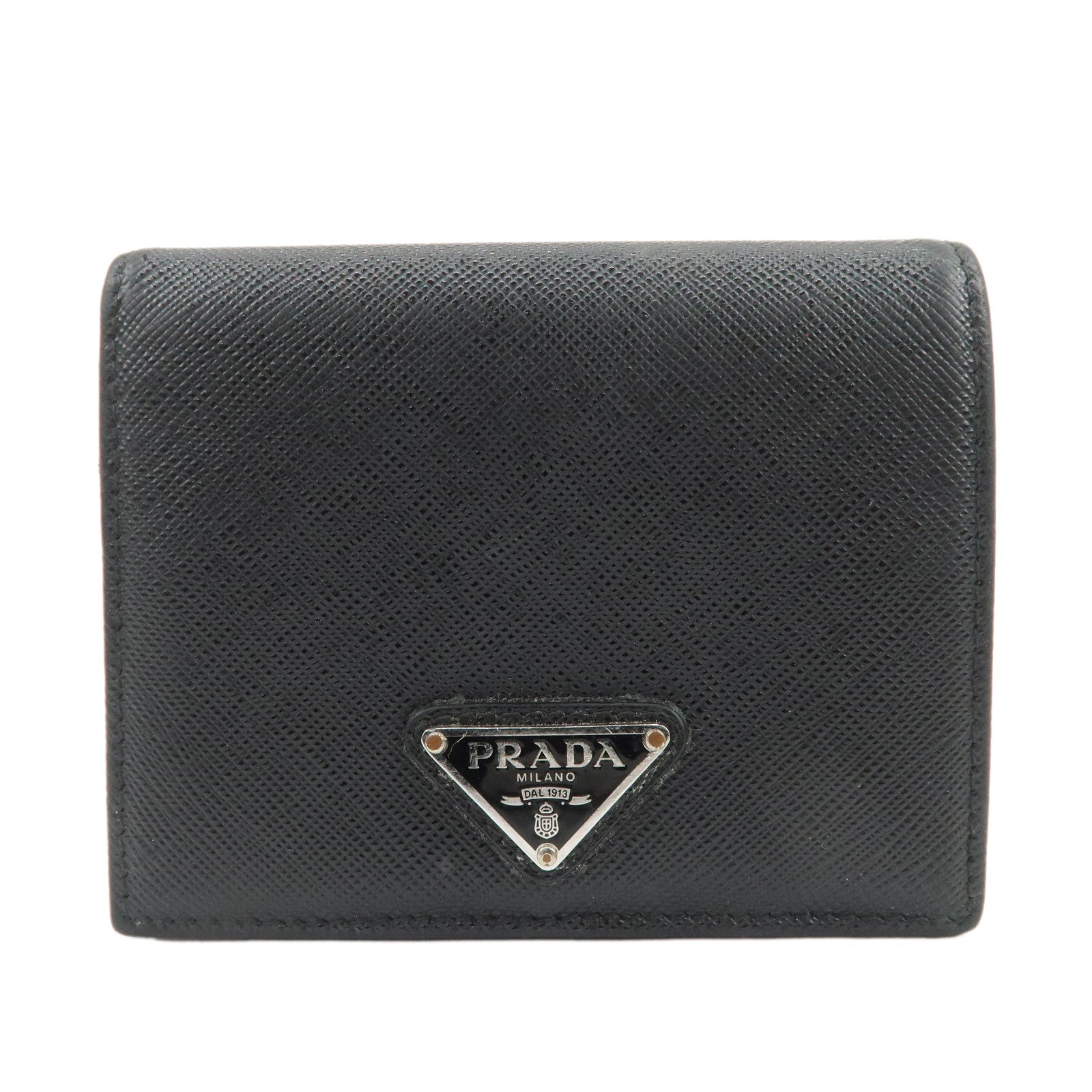 Triangle Bi-Fold Compact Wallet Leather Saffiano Black Handbag