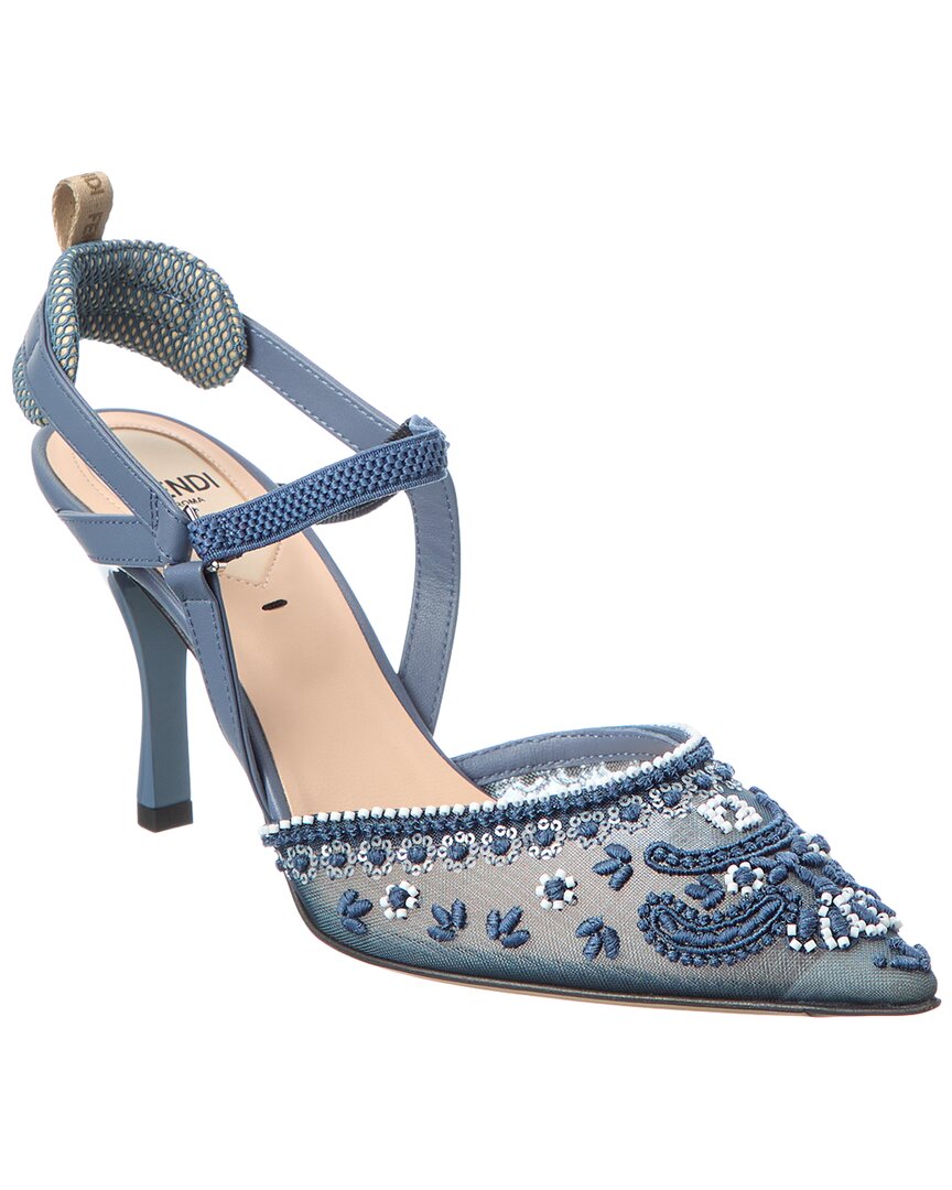 Fendi Sling Bag Colibri Lite Mesh & Slingback Pump Leather Blue Embroidered Shoes