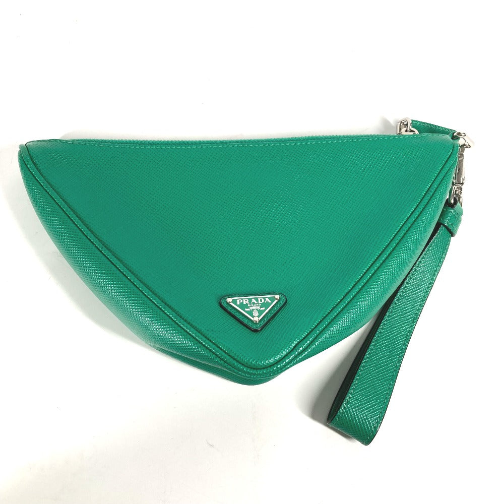 Clutch Bag Safiano Embossed Triangle Plate Mens Leather Green