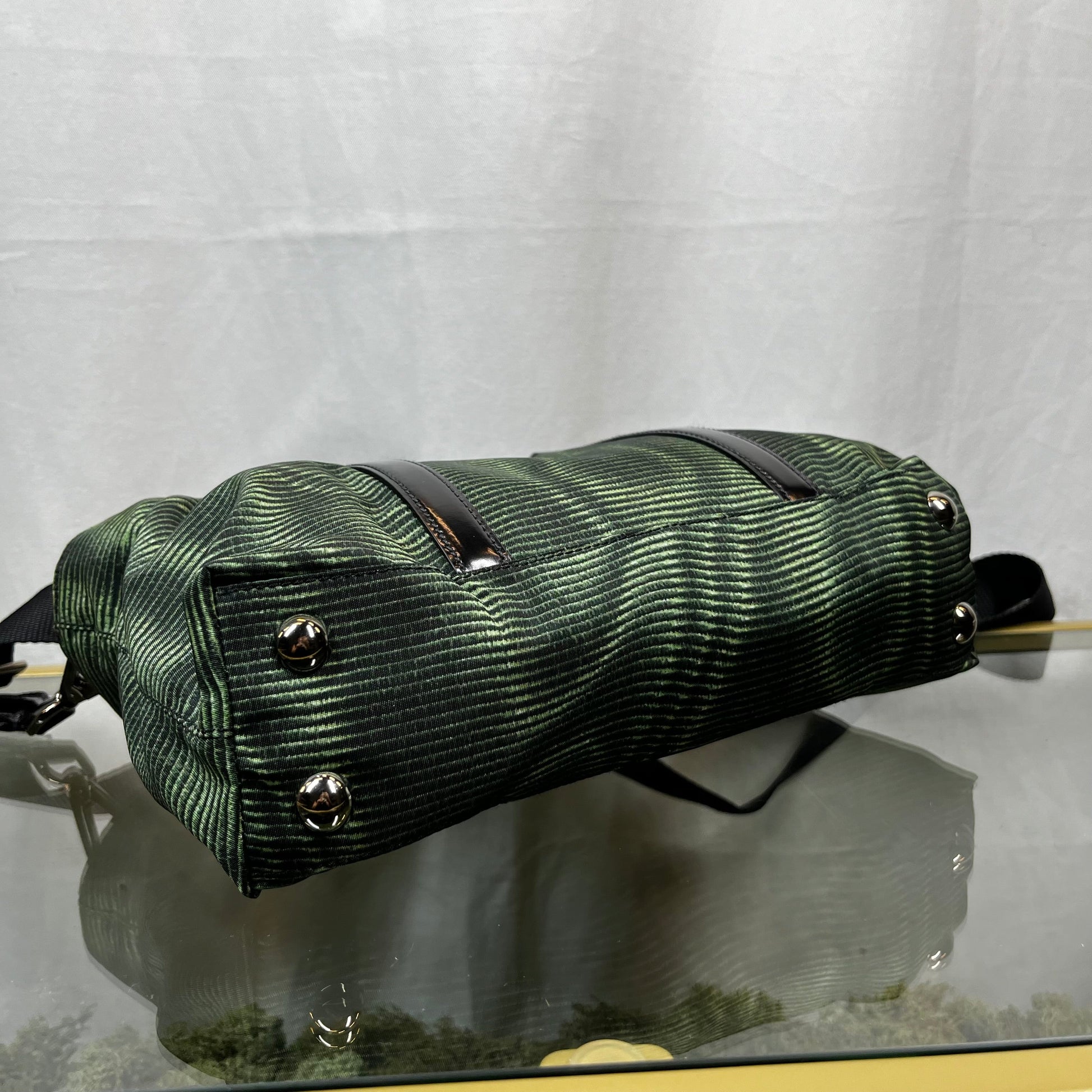 Prada Striped Two Way Tote Bags Nylon Black Green