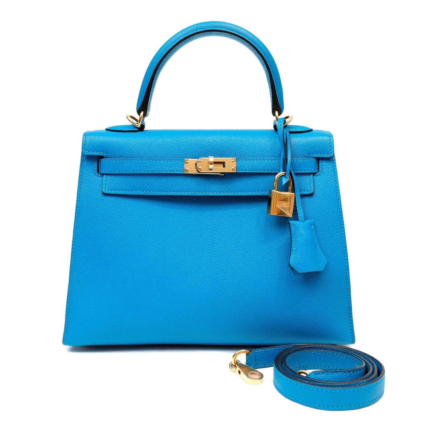 Hermes Turquoise Chevre Kelly W Hardware Handbag Blue Gold Travel Bag