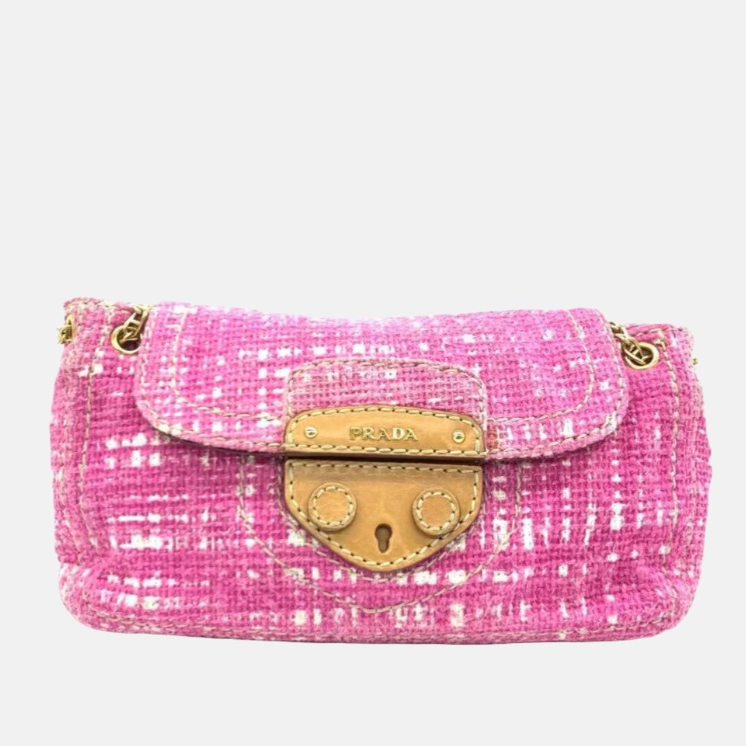 Prada Sound Lock Tweed Shoulder Bag Pink