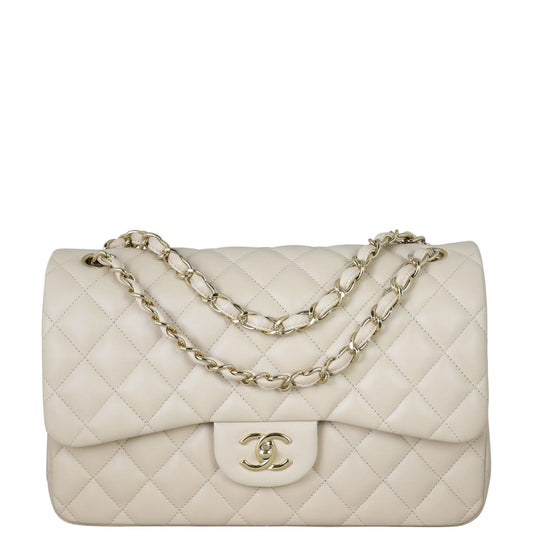 Chanel Classic Double Jumbo Lambskin Diamond Handbag Beige Flap