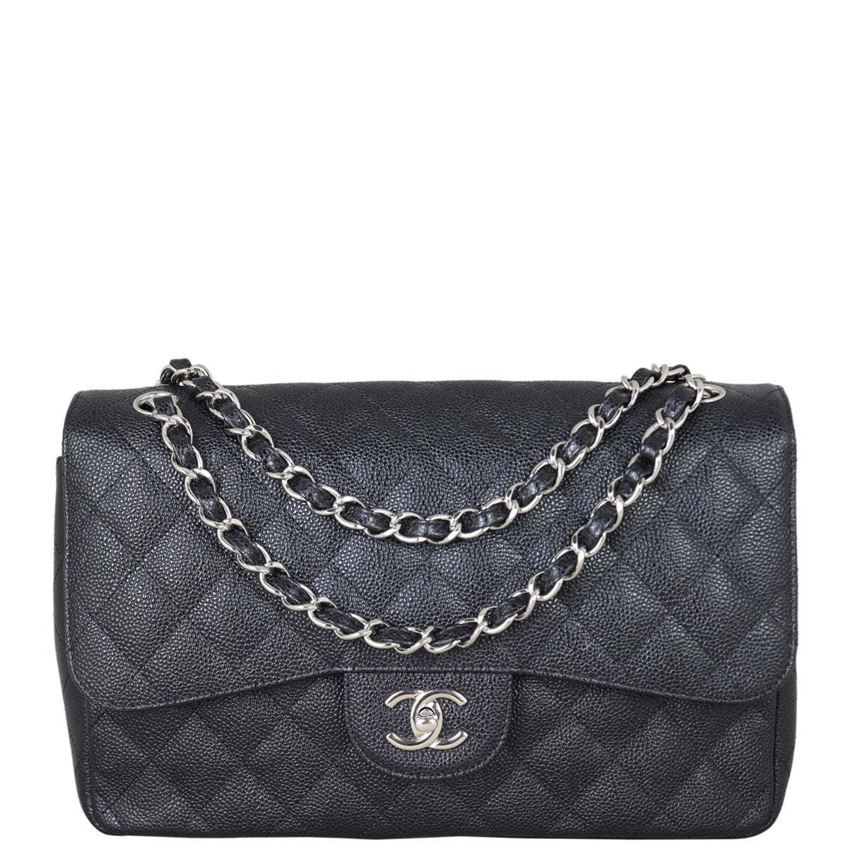 Chanel Classic Double Jumbo Caviar Diamond Handbag Black Flap
