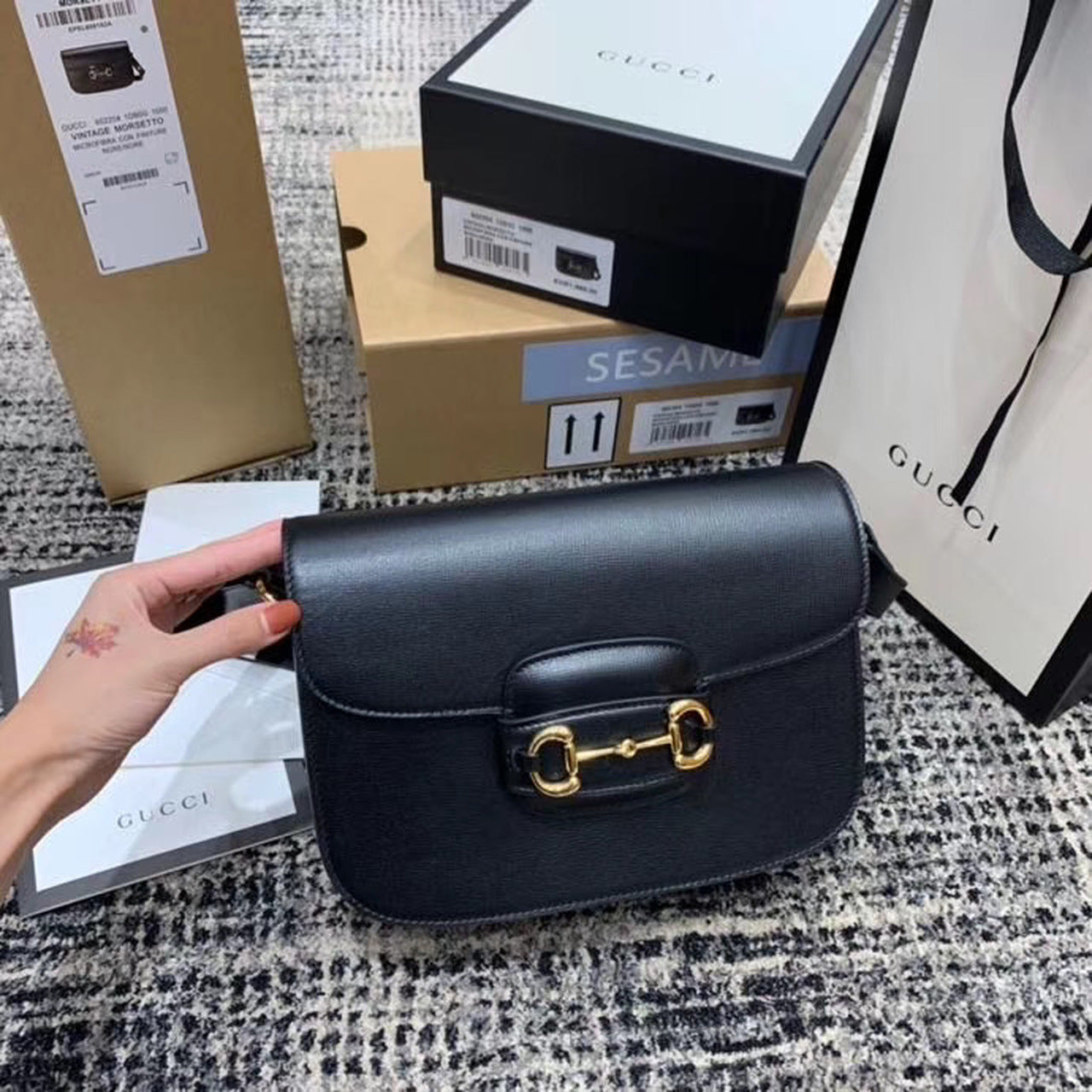 gg Horsebit Textured A Effect Black Shoulder Bag