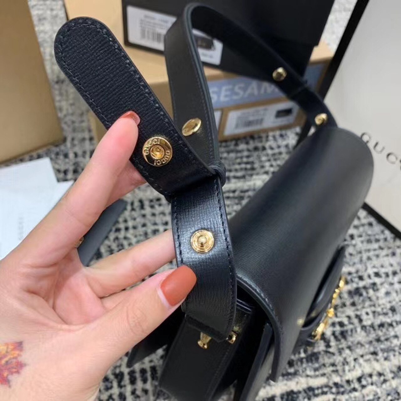gg Horsebit Textured A Effect Black Shoulder Bag