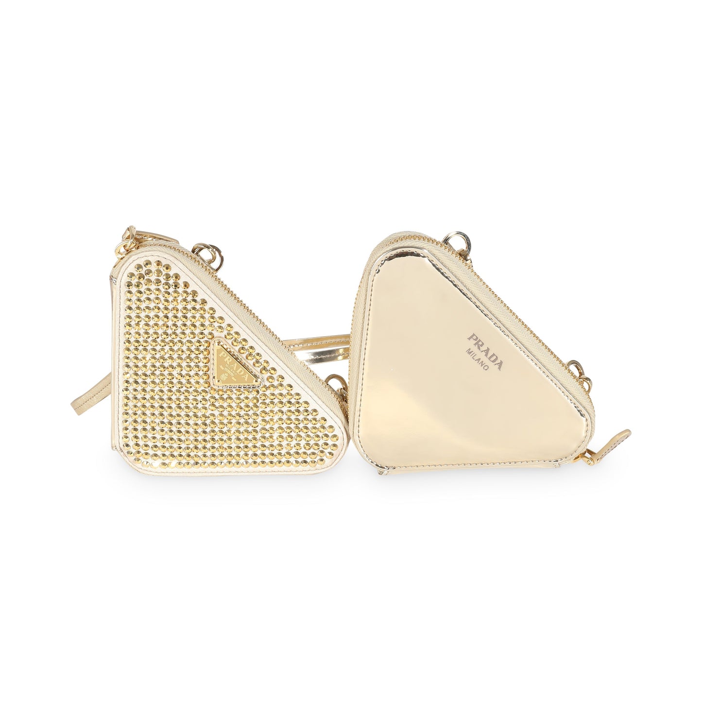 Prada Crystal Embellished Triangular Pouch Luxury Handbag Satin Gold Mini Clutch Bag