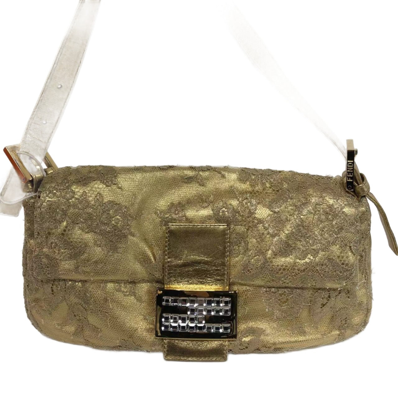 Fendi Baguette With Lace Embroidery Handbag Leather Gold Shoulder Bag