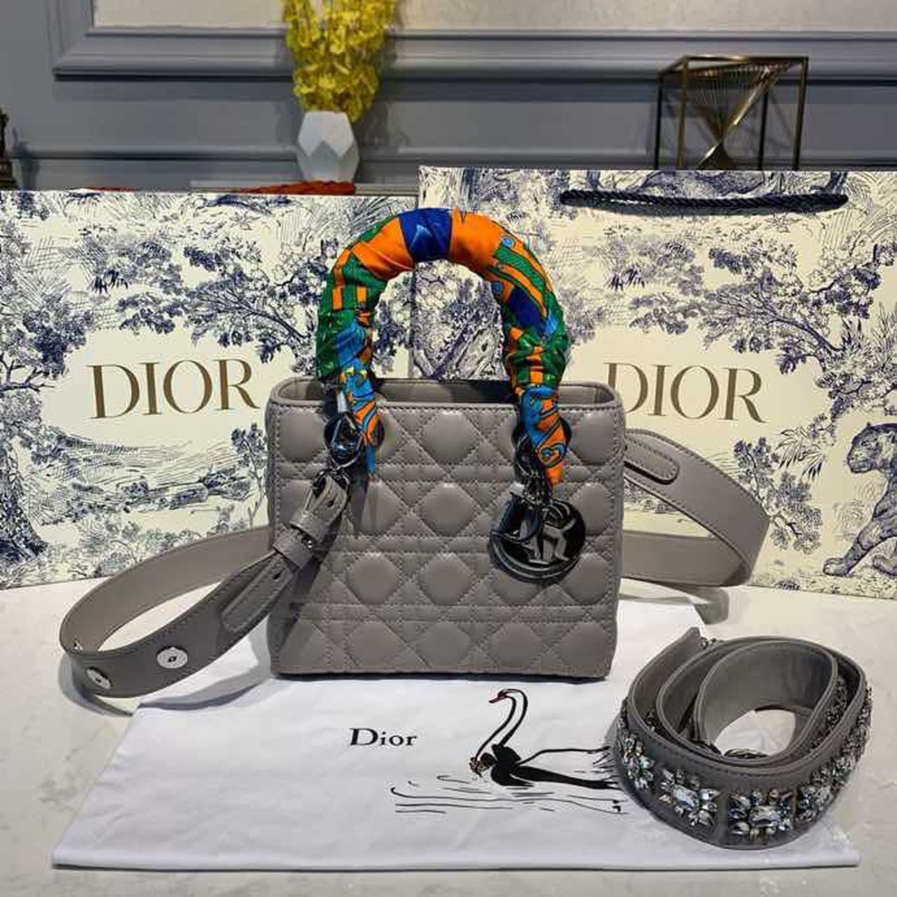 Lady Hardware Embellished Strap Cd Silver Grey Small Travel Bag