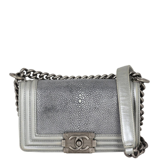 Chanel Boy Galuchat Handbag Silver Small