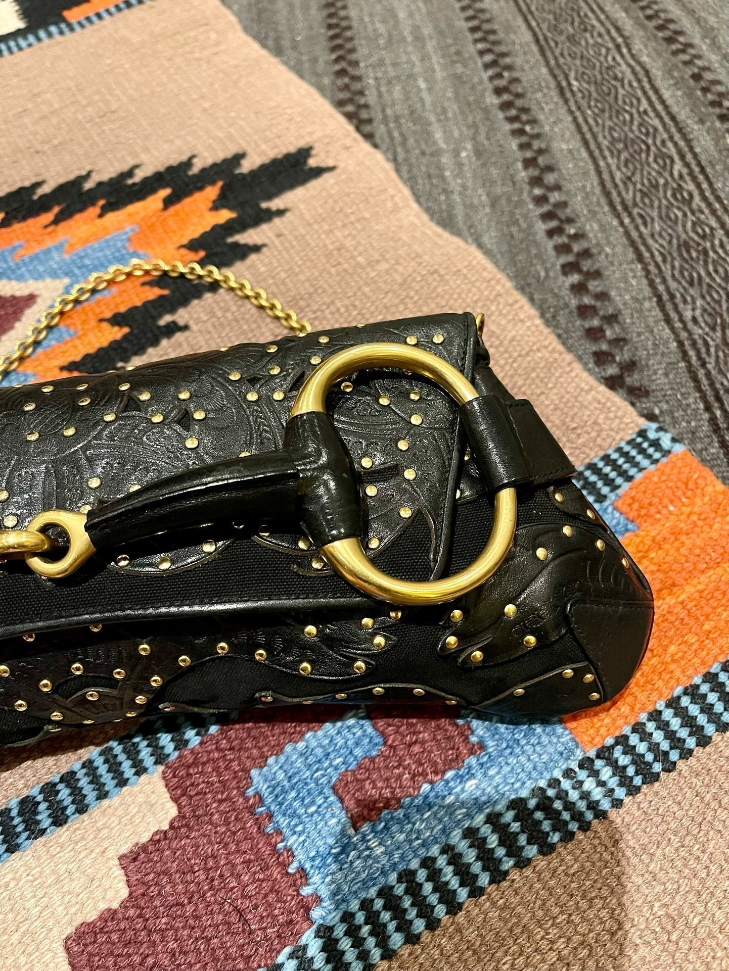 Gucci Horsebit Chain Embossed Studs Leather Black Gold Large Shoulder Bag
