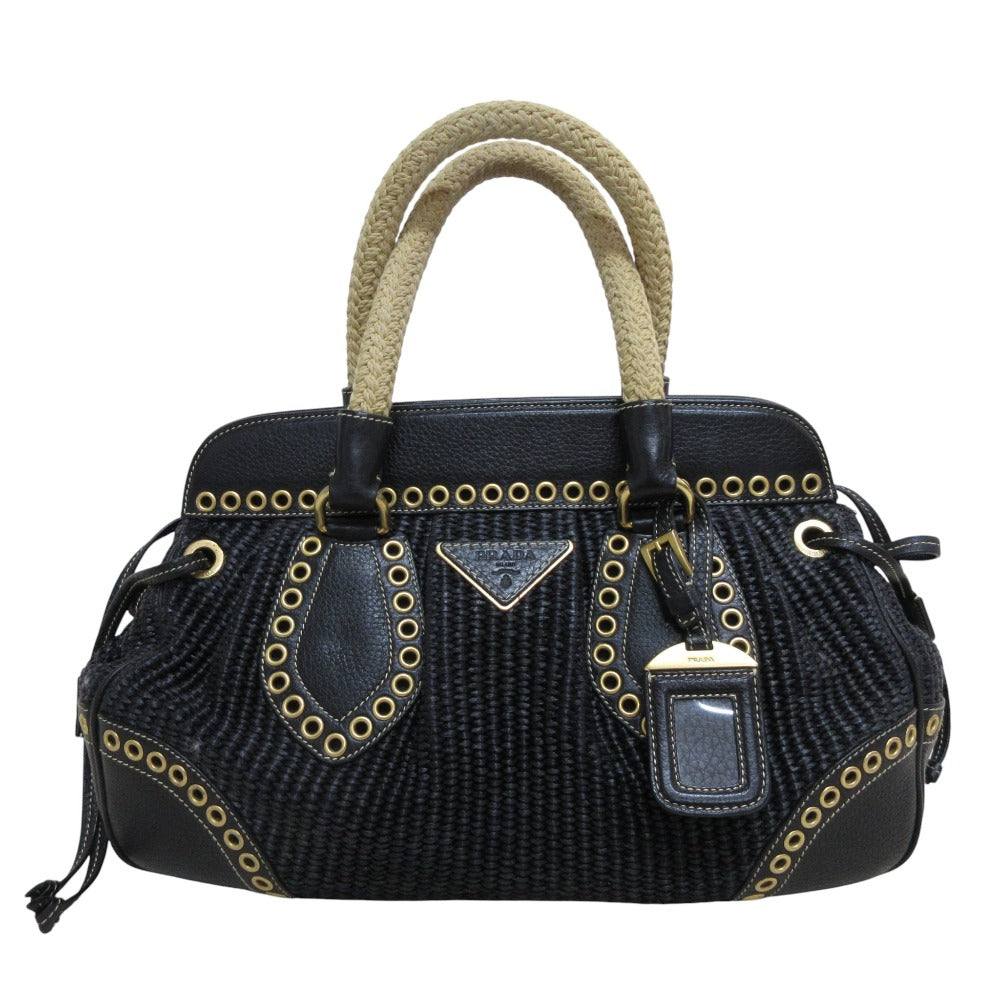 Prada 2Way Bag Leather Raffia Travel Bag