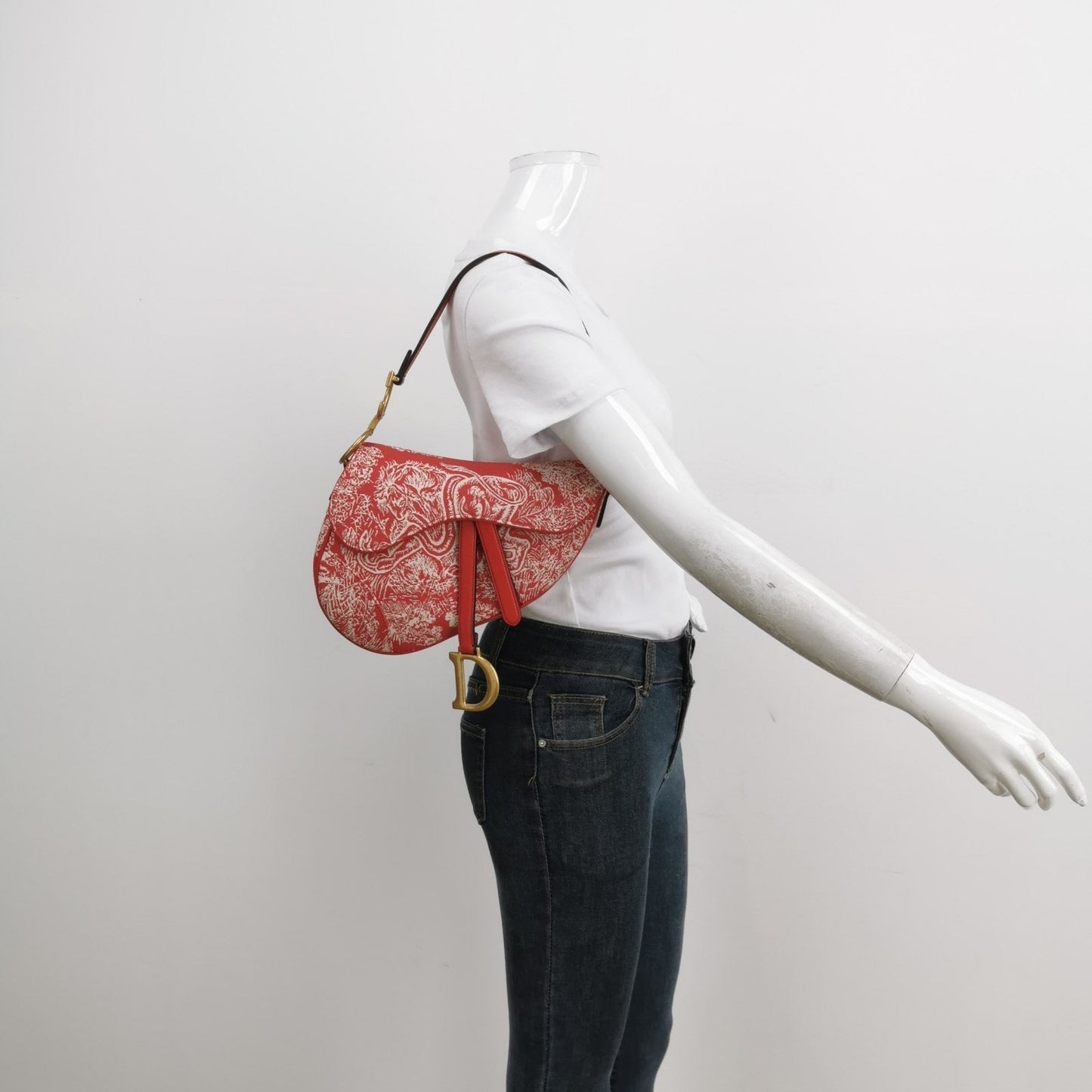 Dior Christian Saddle Rain Forest Prints Handbag Canvas Red Travel Bag