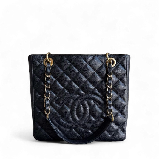 Chanel PST Petite Shopping Tote - Caviar Grained Quilted Black Tote Bag 14 4