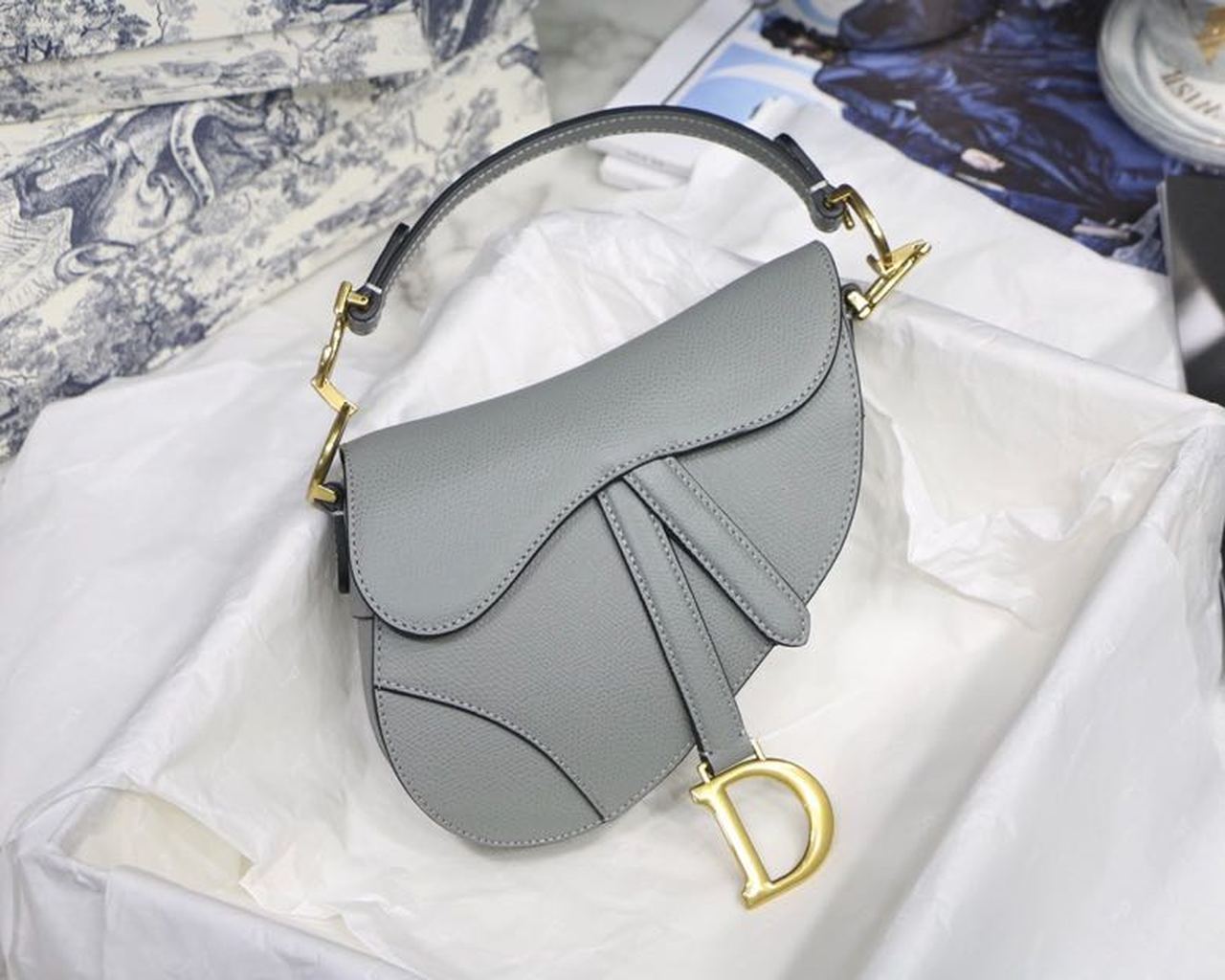 Saddle Light Grained Toned Hardware Canvas Blue Gold Travel Bag