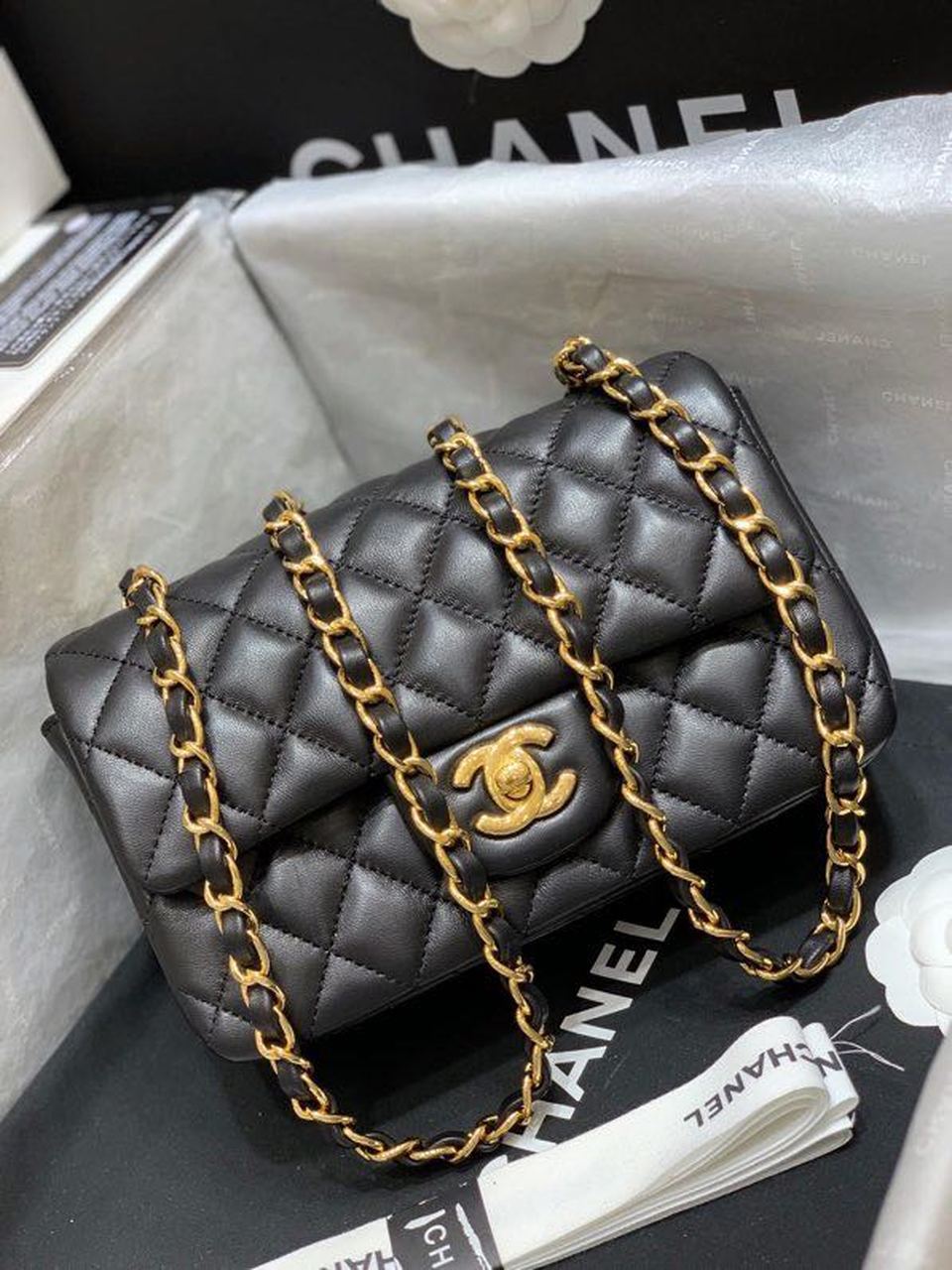 CHL Classic Top Qualityap Toned Black Gold Flap Crossbody Bag