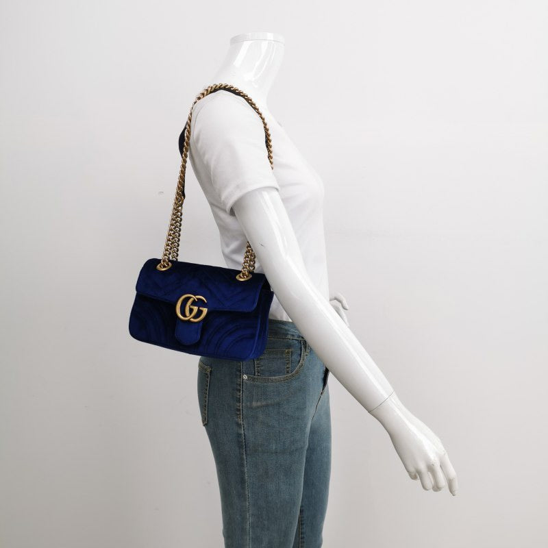 Gucci Marmont Velvet Navy Mini Flap Travel Bag Handbag 1