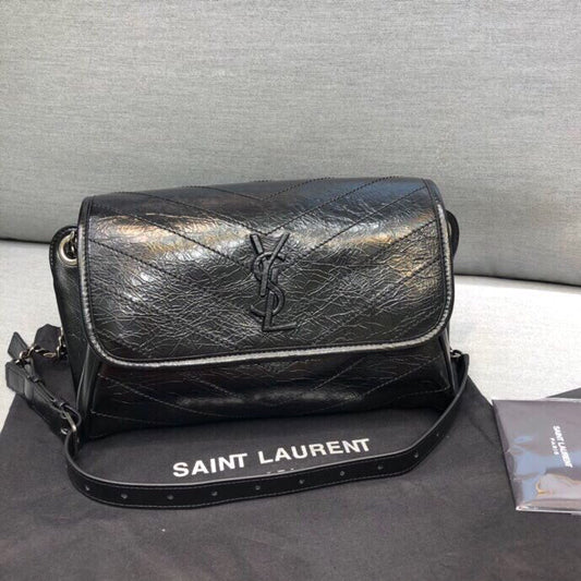 YSL Saint Laurent Niki Crinkled 11in 28cm Black Medium Shoulder Bag