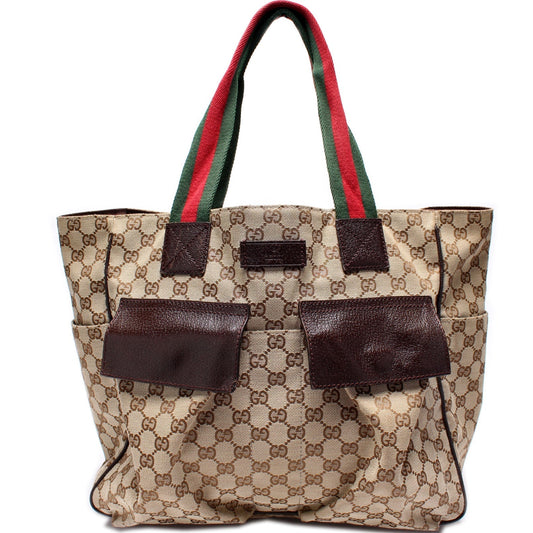 Gucci GG Web Handle Double Pocket Canvas Tote Bag