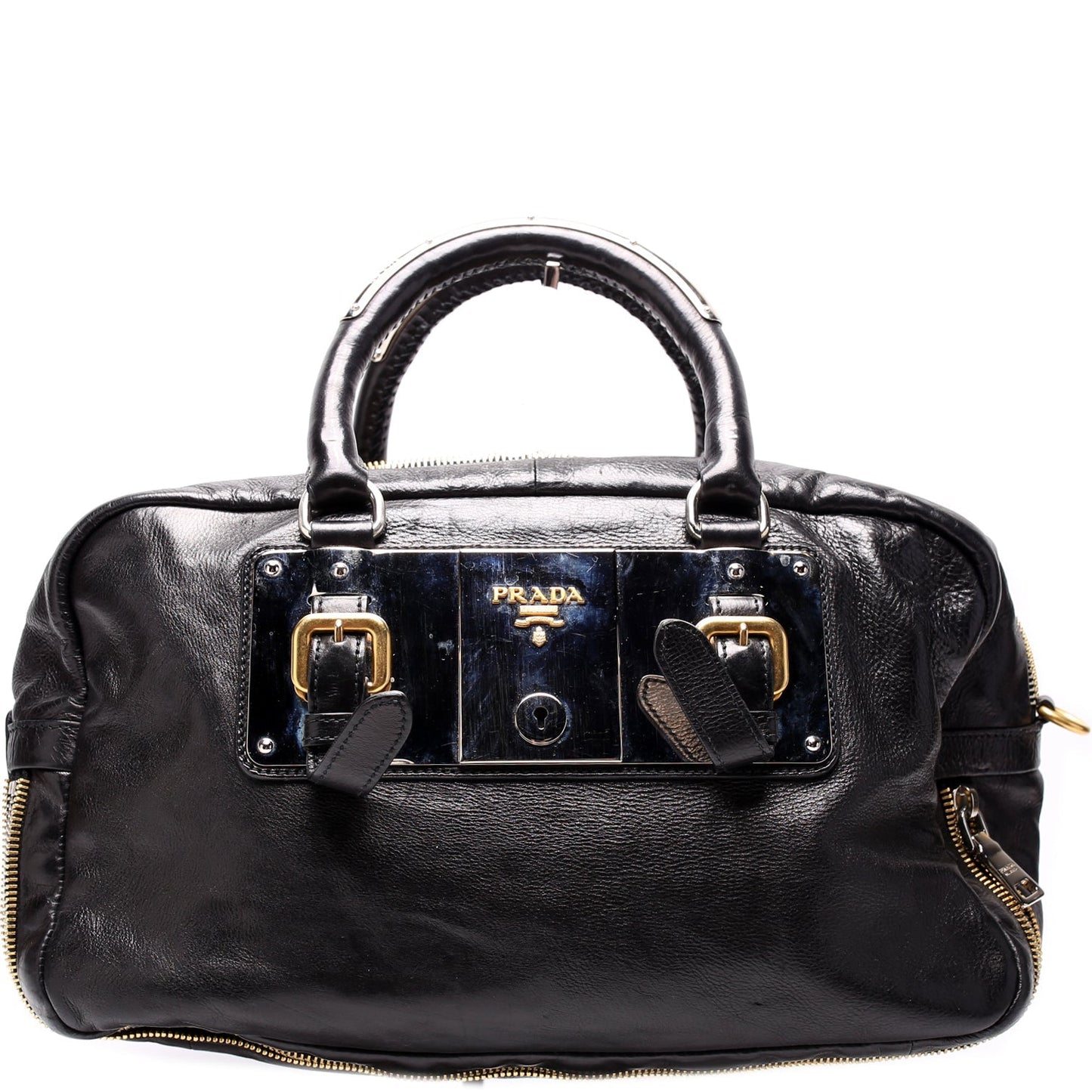 Prada Glace Calfskin Zippers Plaque Boston Bag Travel Bag
