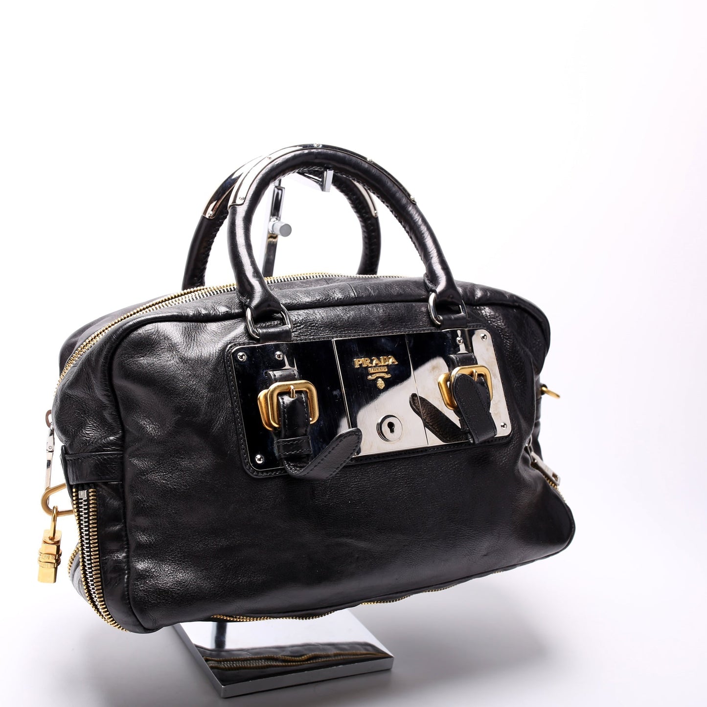 Prada Glace Calfskin Zippers Plaque Boston Bag Travel Bag