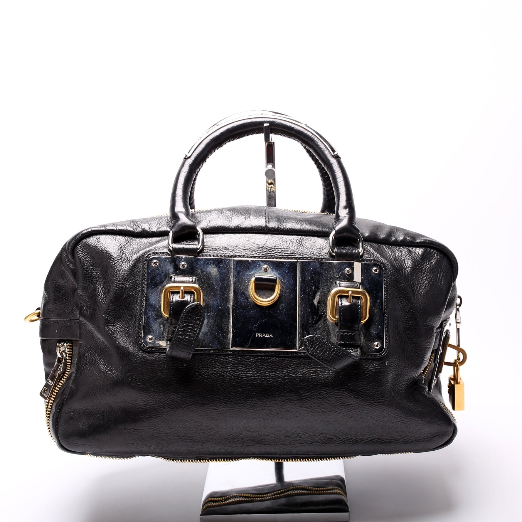 Prada Glace Calfskin Zippers Plaque Boston Bag Travel Bag